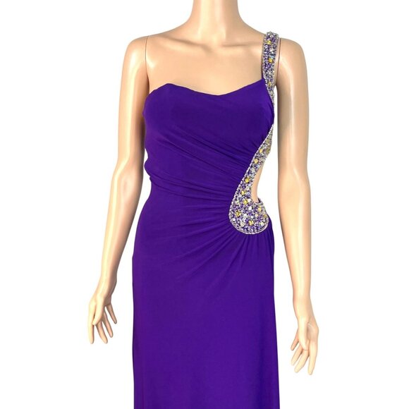Evenings by Allure One-Shoulder Purple Evening Gown w/ Beaded  Side Back Cutout - Picture 5 of 12